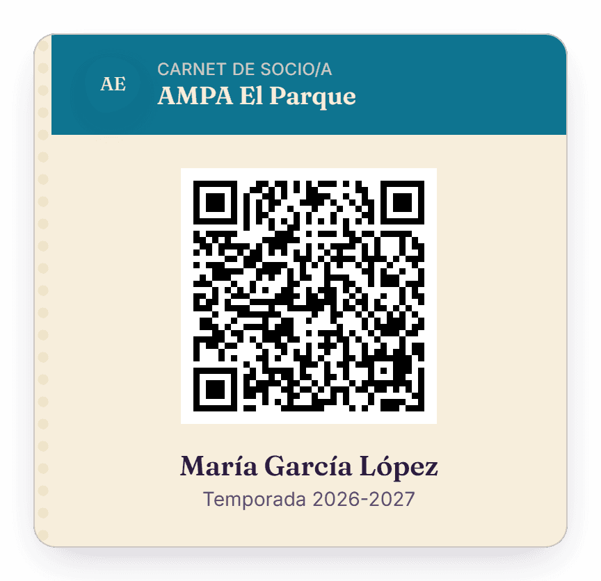 Carnet de socio de una asociación de ejemplo: banda con el color de la asociación, código QR y el nombre del socio.